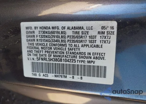 2016 Honda Odyssey Se z USA, uszkodzony, nr VIN 5FNRL5H38GB104225